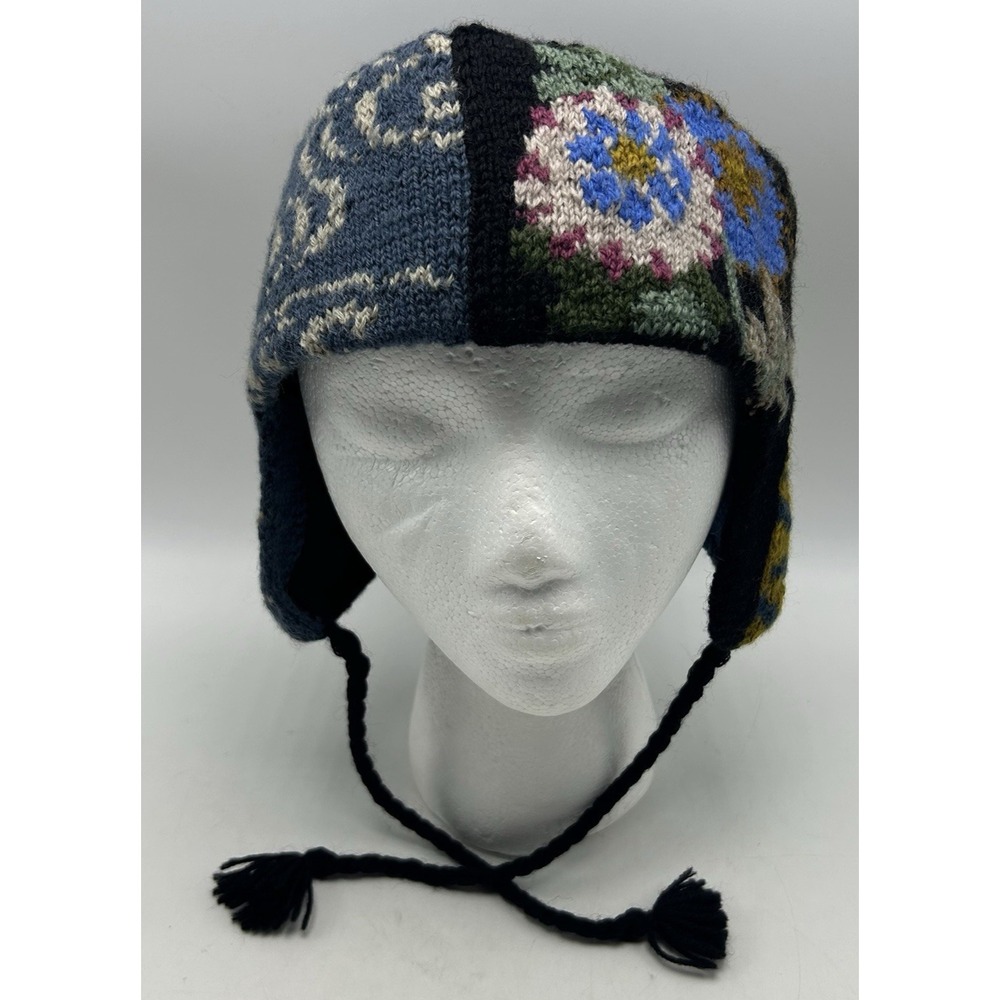 Wool Hat Girls Earflap Beanie 100% Wool Knit Cozy Warm Winter Casual Patchwork
